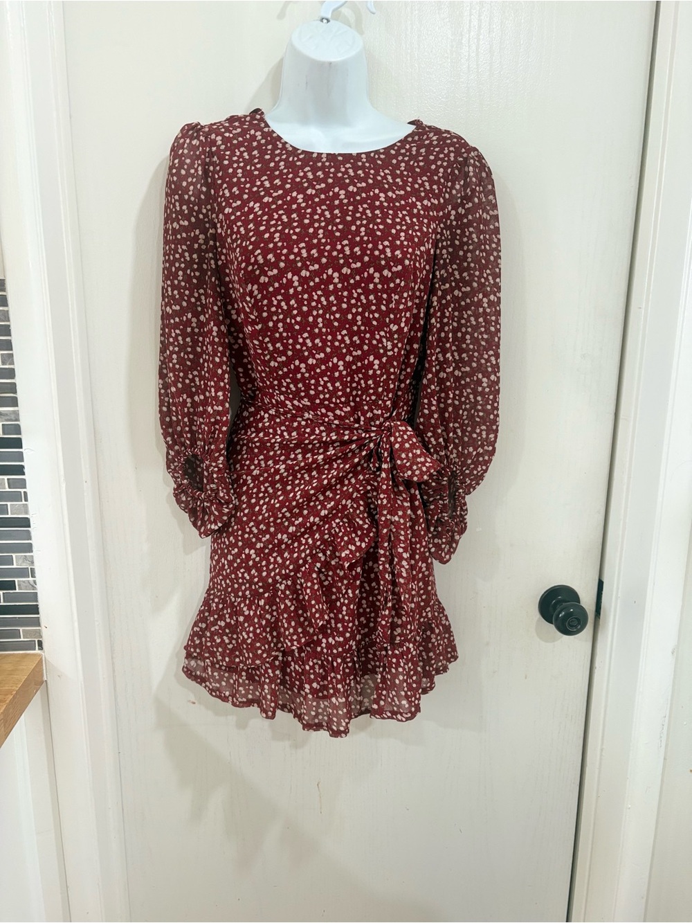 Floral Tie-Detail Burgundy Mini Dress